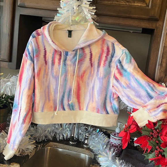 Comfy Cropped Hoodie Water Color Sweatshirt Womens Medium New - Picture 3 of 15